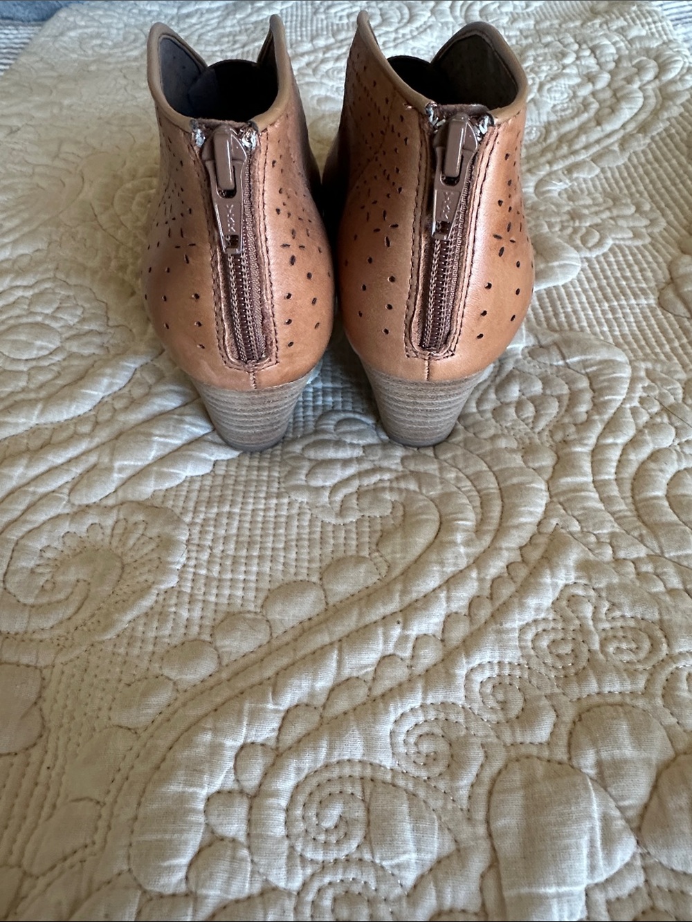 Earth Tan Perforated Leather Peep-Toe Booties - Picture 3 of 5